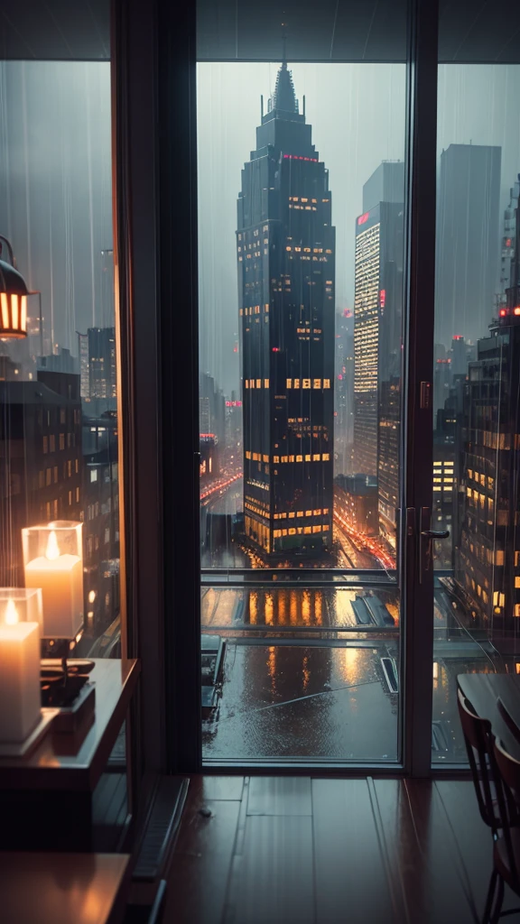 rain,Inside the cafe,View from the window,A broader perspective,Chic cityscape,busy,mysterious,warm color