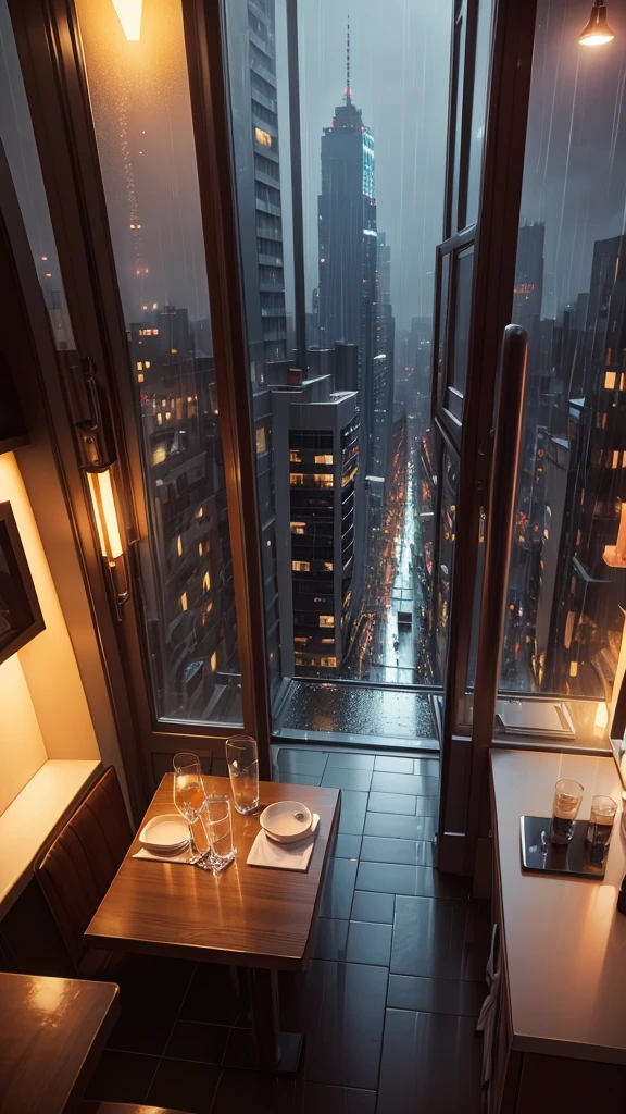 rain,Inside the cafe,View from the window,A broader perspective,Chic cityscape,busy,mysterious,warm color