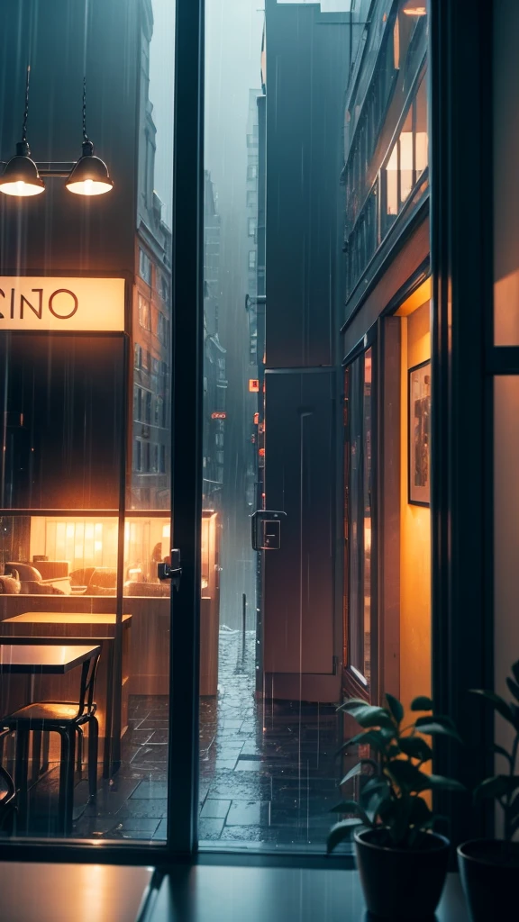 rain,Inside the cafe,View from the window,A broader perspective,Chic cityscape,busy,mysterious,warm color