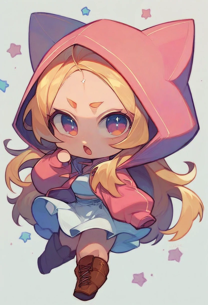 (((chibi:1.2))), girl, cute expression, high quality, blonde long hair, showing forehead,she wears a pink hoodie and white skirt, brown boots, white background, very cute, dynamic pose
