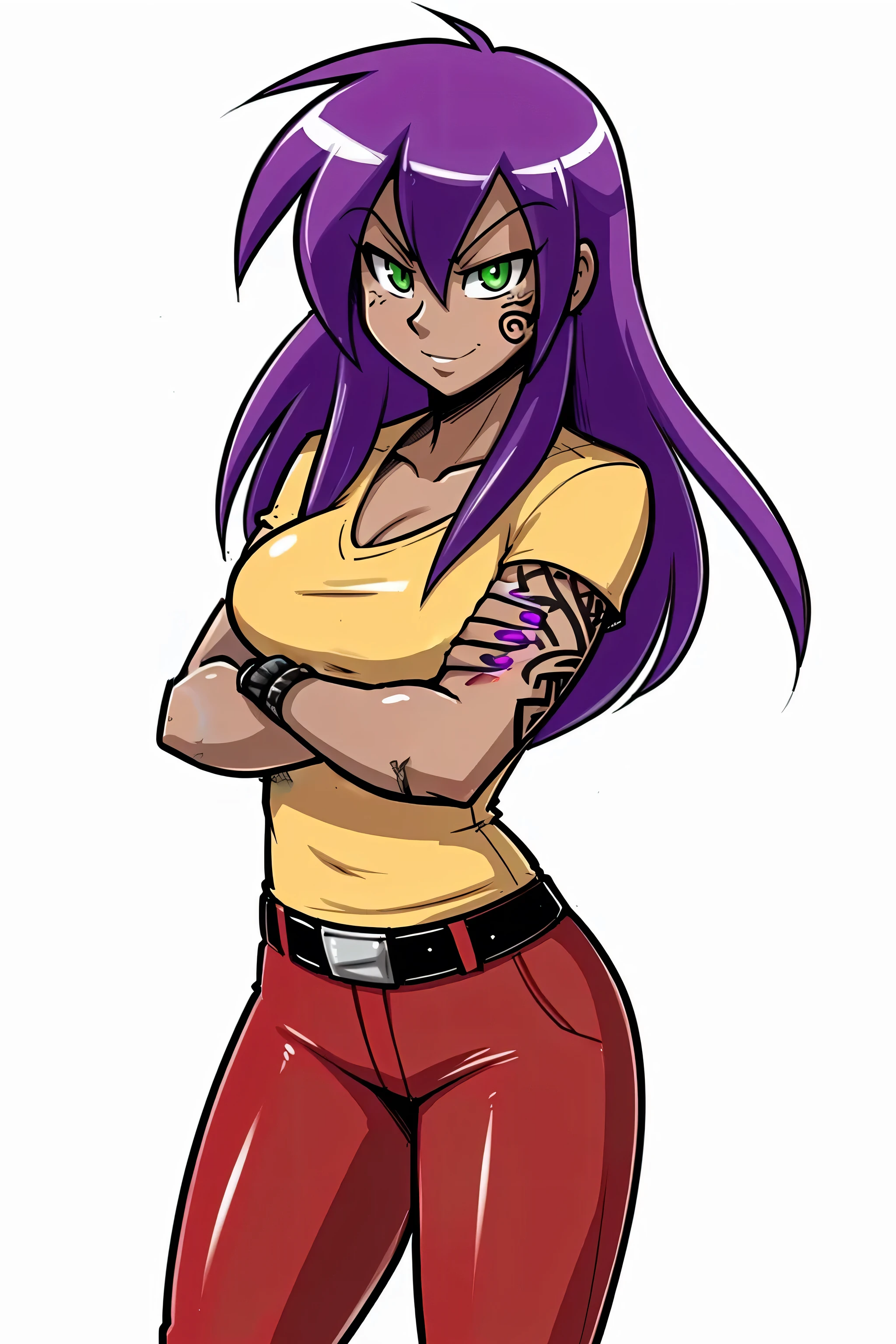 (adult, sketch-ish, 2d, absurdres, best quality, uploaded on e621), (by uc77, by zeekzag, by skidd, by john joseco, by kadath, by bigdad, by shonuff, by scappo), ((white background, no background:1.4)), (waist portrait, manga styled, manga styled eyes, intense pupils, getter robo styled eyes), ((red pants, bermuda pants, knee-length pants:1.4)), ((adult, light dark skin, female, human, spanish, latin:1.2)), (medium straight hair, bright purple hair), (green eyes:1.5), (mischievous and sinister expression, not entirely evil, closed smile, angry eyebrows), [small lipstick], yellow shirt, grey pants or jeans, (fancy weaponized fingernails, tattoos all over arms up to the wrist of the hands, glowing purple nails, tattoos on face), crossed arms
