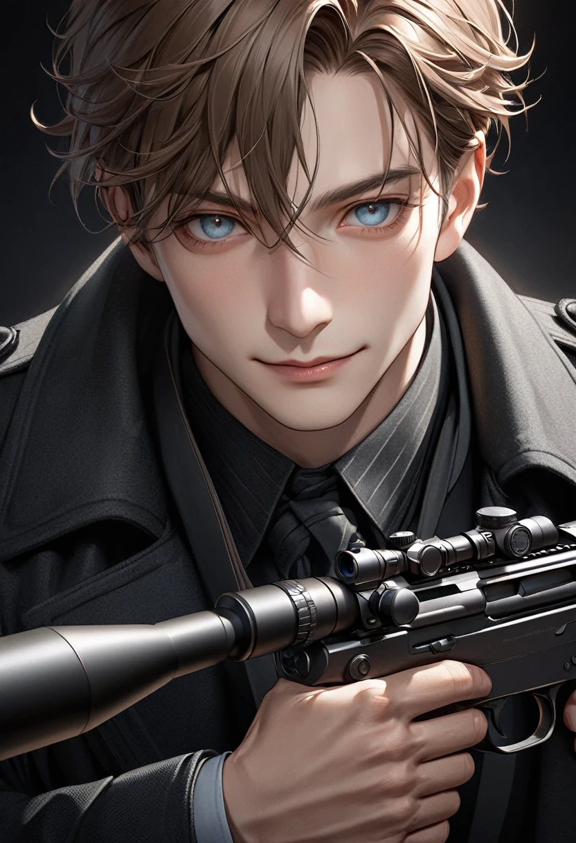 Handsome boy dynamic sniper, A brown-haired man in a black trench coat points a gun at the sniper at his prey ( perfect anatomy )
Detailed face. realistic eyes. The face and eyes are very detailed. delicate skin.、delicate skin texture smile,
Black trench coat dark shadow background, Black Soft Light, Professional photography master'artwork, texture, complicated, Clear, High-quality masterpieces,
Extremely complicated and exquisitely detailed, Super detailed, Super detailed digital art