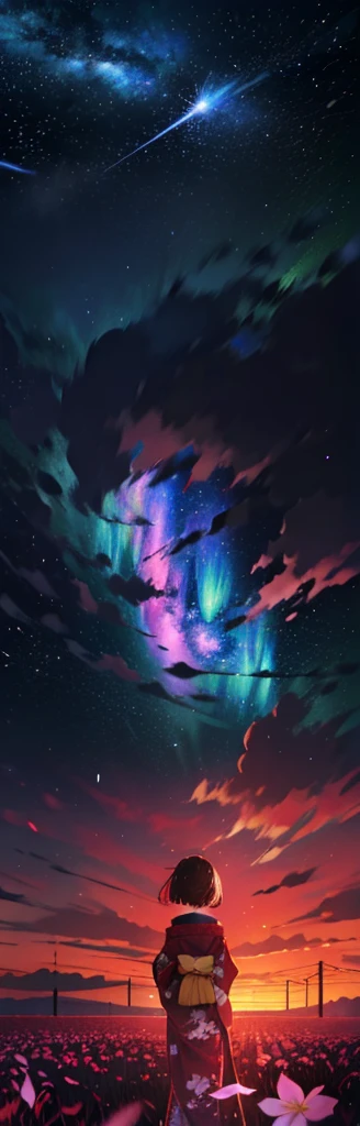 1 Girl, distant girl wearing a kimono staring at the Star, (Zoom out:1.1), (meteor雨:1.2), (comet:1.1), your name, Low Angle, From the back, Northern Lights, meteor, yukata, Red Kimono, Cherry blossoms, Standing in the fields,best quality, masterpiece, cloud,rich and colorful, Starry Sky,Star,
