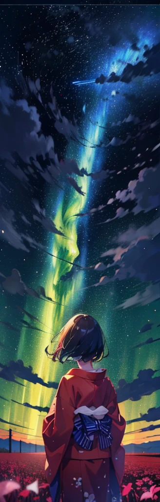 1 Girl, distant girl wearing a kimono staring at the Star, (Zoom out:1.1), (meteor雨:1.2), (comet:1.1), your name, Low Angle, From the back, Northern Lights, meteor, yukata, Red Kimono, Cherry blossoms, Standing in the fields,best quality, masterpiece,  cloud,rich and colorful, Starry Sky,Star,