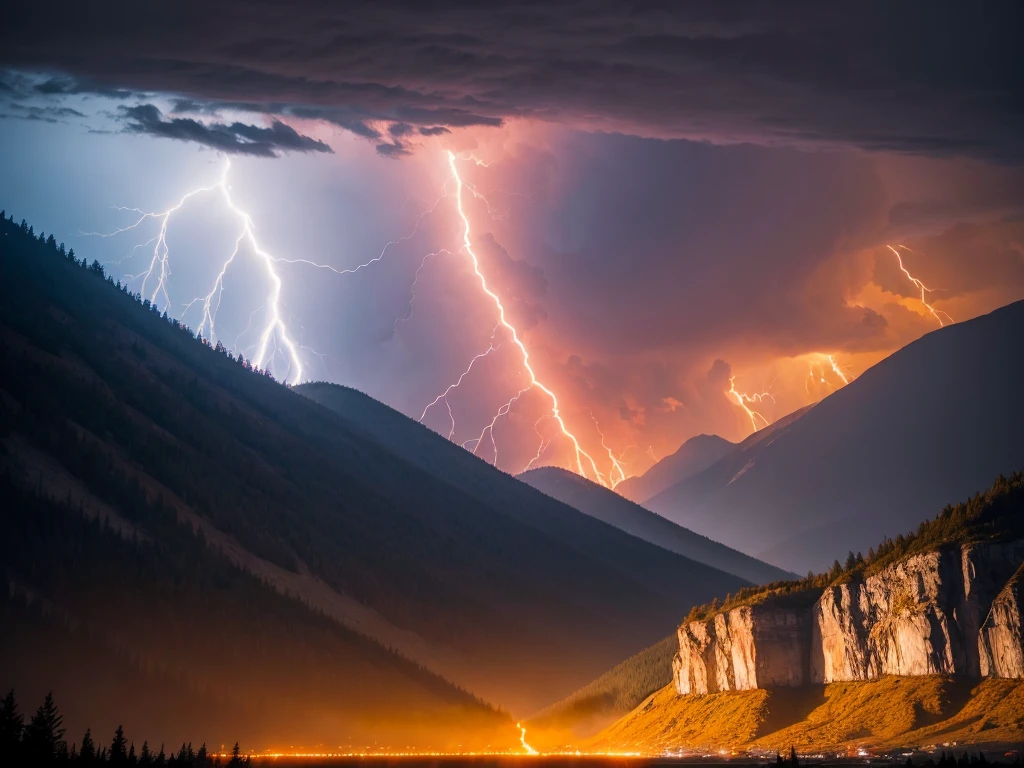 ((best qualityer)), ((work of art)), orange background, mountainscape, hurricane, lightning strikes
