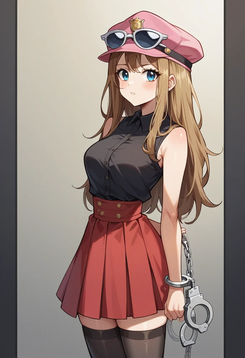 masterpiece, best quality, highres, aaserena, solo, long hair, eyewear on headwear, pink headwear, eyelashes, blue eyes, sleeveless shirt, black shirt, bracelet, high-waist skirt, red skirt, black thighhighs, standing, extremely detailed,high definition restrained,police,arrest,restrained,shackles,(((handcuffs, cuffs, upper body, handcuff, bound wrists))),masterpiece, best quality,serena handcuffs behind her back,2 policewoman.behind her bsck position.escort in handcuffed.handcuffed behind back.serena handcuffed,serena handcuffed behind her back.arrested.policewonan.handcuffs behind back


