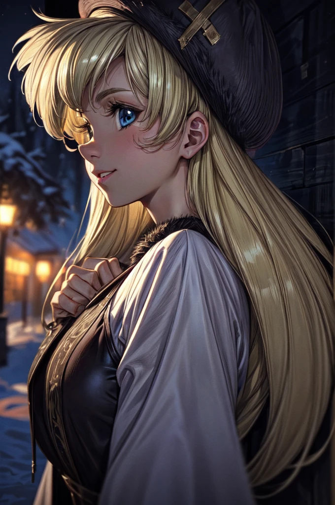 (masterpiece:1.1), (best quality:1.1), 1girl, Real light and shadow, anime face, 4k, 8k, wallpaper,epic, detail texture, blonde hair, (blue eyes:1.5), ((((blond hair:1.35, long hair)))),intricate eyes,beautiful detailed eyes, (symmetrical eyes,big eyes:1.5,(((lustrous skin:1.5,bright skin: 1.5,skin tanned,shiny skin,very shiny skin,shiny body,plastic glitter skin,exaggerated shiny skin,illuminated skin))),(detailed body,(detailed face)), cute, erotic,daring, (((medieval man armor, fur hat, adventurer man armor,winter coat))),(((intricate outfit,intricate clothes, embroidered outfit,ornate outfit,embroidered clothes,ornate clothing))), (dynamic pose:1.0),happy,smile,(centered,scale to fit dimensions,Rule of thirds), ((snowy pine forest at night)), with dark stormy clouds,winter,scenery:1.25,((snow forest background)),Christmas tree, highres,sharp focus,(ultra detailed,extremely detailed),(photorealistic artwork:1.37),(extremely detailed CG unity 8k wallpaper),(((vibrant colors,vibrant theme))),(intricate),(masterpiece),(best quality),