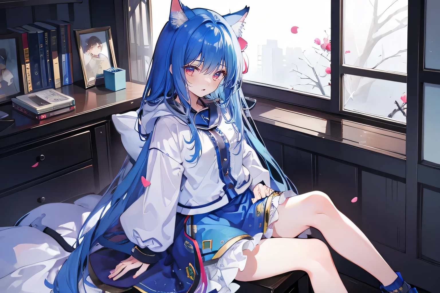（masterpiece：1.2），Super detailed，lifelike，Expressive eyes，fair skin，perfect face shape，1 girl，
Japanese comics,Gorgeous blue hair,flowing blue hair,flowing clothes,Cat ears,Petals fall,beautiful lola,Baby Angel,
Shaking head with one hand，Cross your legs，Gentle and peaceful background，The pavilion is cool and comfortable,smile, wearing hoodie, In front of the window,snowing