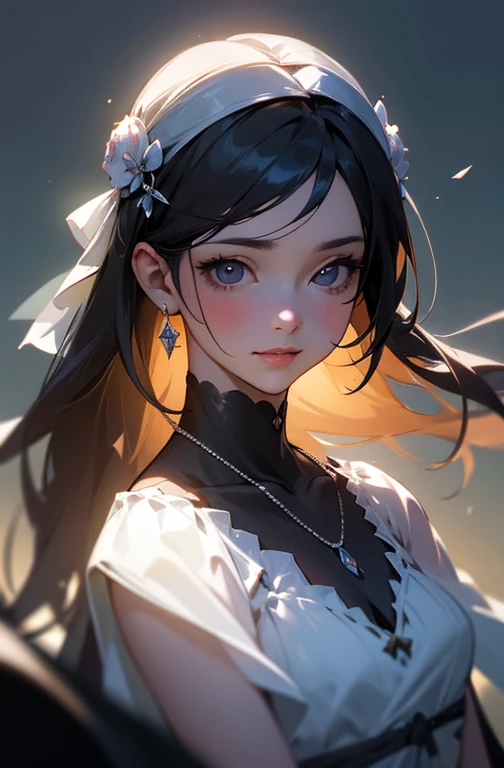 最high quality, masterpiece, High resolution, One girl, clear silk porcelain dress, Beautiful Face, hair accessory, Looking at the audience, smile, Shut your mouth., lips, dress, hair accessory, necklace, jewelry, Long Hair, Earrings, Beautiful Face, On the body, Tidal effect, realism, Dark studio, Edge lighting, Two-tone lighting, (Skin with attention to detail: 1.2), 8k UHD, Digital SLR, Soft Light, high quality, Volumetric lighting, photograph, High resolution 4K, 8k, Blurred Background