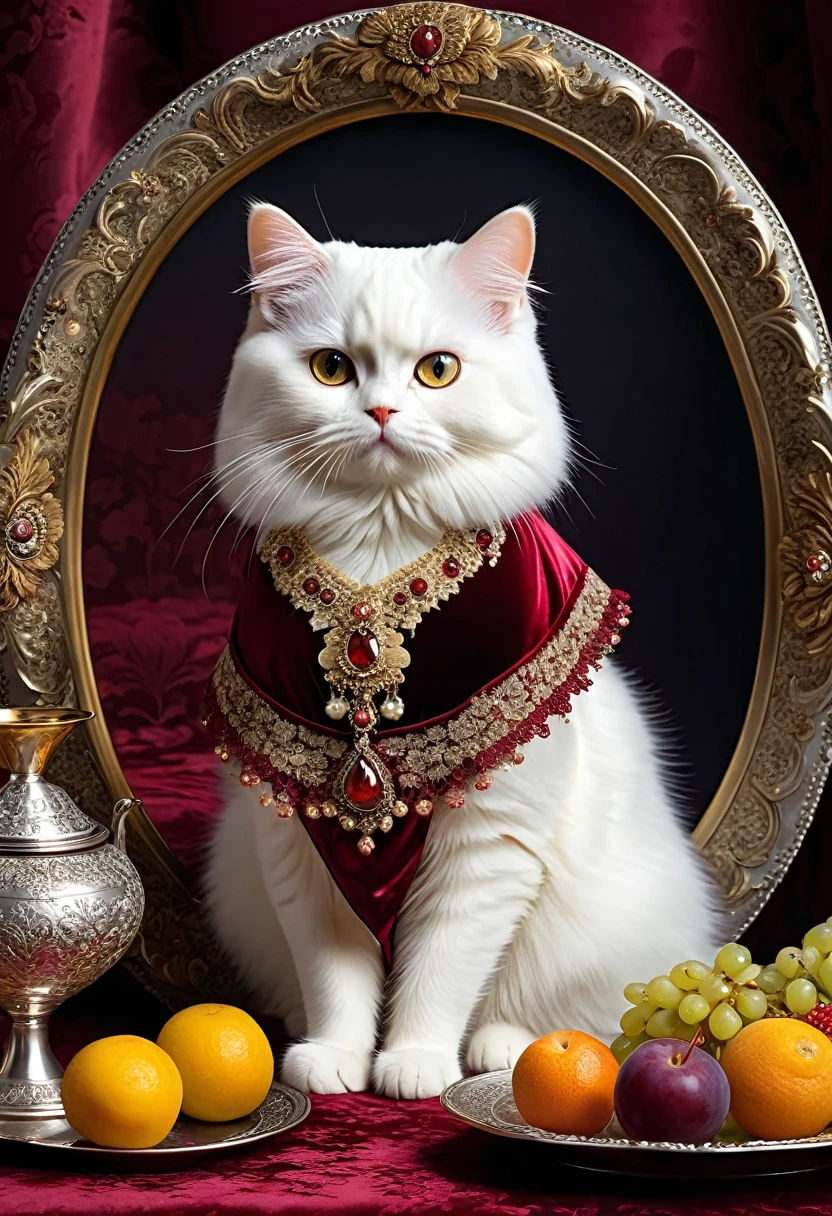 Realistic portrait of a dressed animal - beautiful anthropomorphic Persian white cat, noble(豪華なnobleの部屋の室内でディナー、Fancy Meals、red wine、Fruits are served on silver plate), high quality,(Lovely) ,Intricate details, Very detailed ((Elegant lace red floral one-piece dress) ,Antique photos、Nostalgia、Very detailed decorations,, (Happy), Flickering candle light、Shimmer(Full body image:1.5)