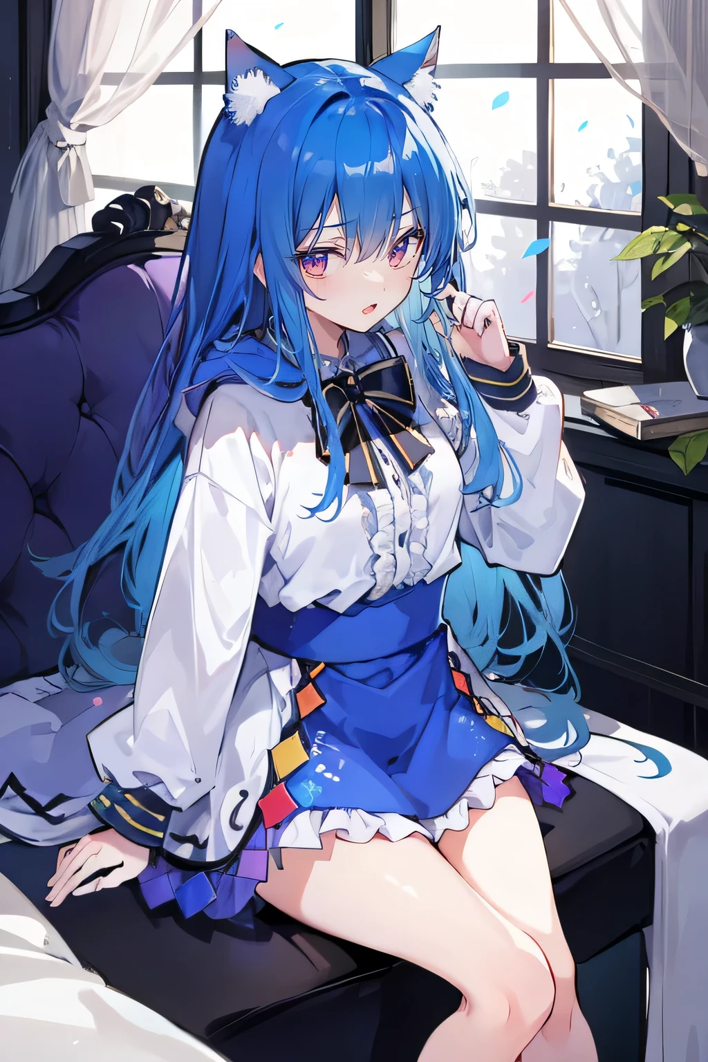 (masterpiece:1.2),Super detailed,lifelike,Expressive eyes,fair skin,perfect face shape,1 girl,
Japanese comics,Gorgeous blue hair,flowing blue hair,flowing clothes,Cat ears,Petals fall,beautiful lola,Baby Angel,
Shaking head with one hand,Cross your legs,Gentle and peaceful background,The pavilion is cool and comfortable,smile, wearing hoodie, In front of the window,snowing