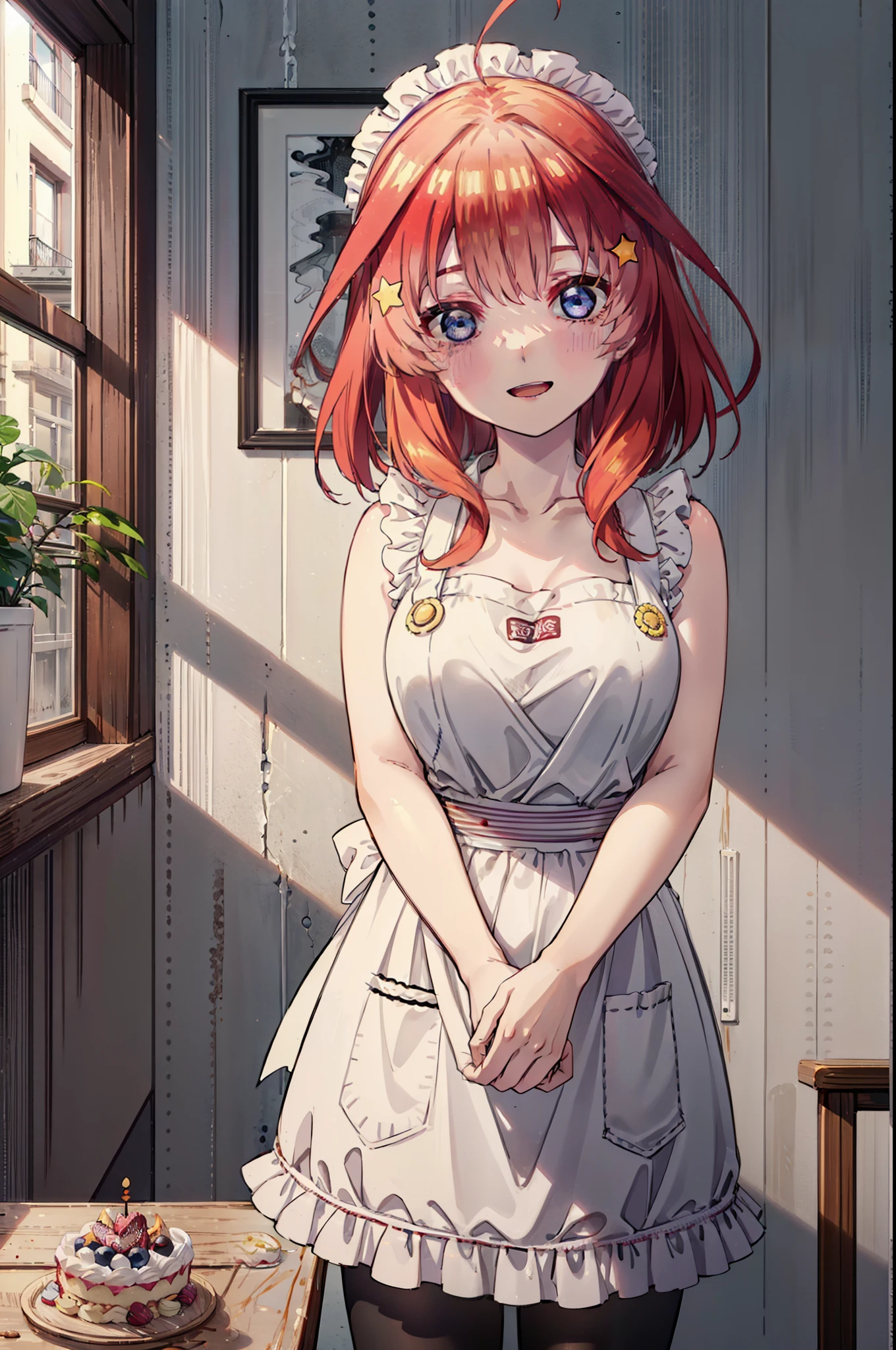 itsukinakano, Itsuki Nakano, bangs, blue eyes, Hair between the eyes, Ahoge, Redhead, star \(symbol\), hair ornaments,happy smile, smile, Open your mouth,cracker, star hair ornaments,Red Tank Top,Long skirt,Black pantyhose,apron,Walking,There is food and a birthday cake on the table,whole bodyがイラストに入るように,
break indoors, room,
break looking at viewer,whole body,
break (masterpiece:1.2), Highest quality, High resolution, unity 8k wallpaper, (figure:0.8), (Beautiful attention to detail:1.6), Highly detailed face, Perfect lighting, Highly detailed CG, (Perfect hands, Perfect Anatomy),