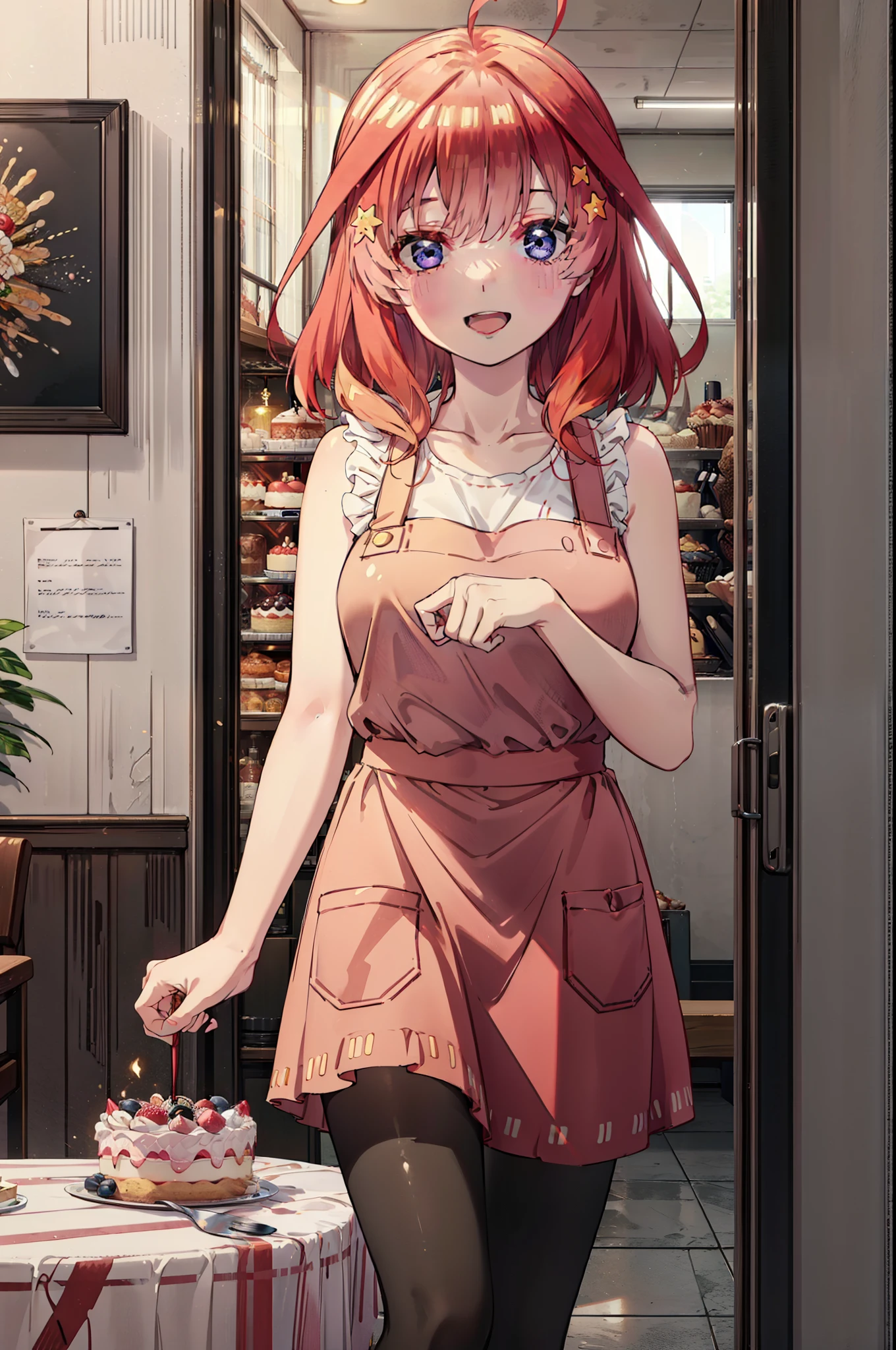 itsukinakano, Itsuki Nakano, bangs, blue eyes, Hair between the eyes, Ahoge, Redhead, star \(symbol\), hair ornaments,happy smile, smile, Open your mouth,cracker, star hair ornaments,Red Tank Top,Long skirt,Black pantyhose,apron,Walking,There is food and a birthday cake on the table,whole bodyがイラストに入るように,
break indoors, room,
break looking at viewer,whole body,
break (masterpiece:1.2), Highest quality, High resolution, unity 8k wallpaper, (figure:0.8), (Beautiful attention to detail:1.6), Highly detailed face, Perfect lighting, Highly detailed CG, (Perfect hands, Perfect Anatomy),