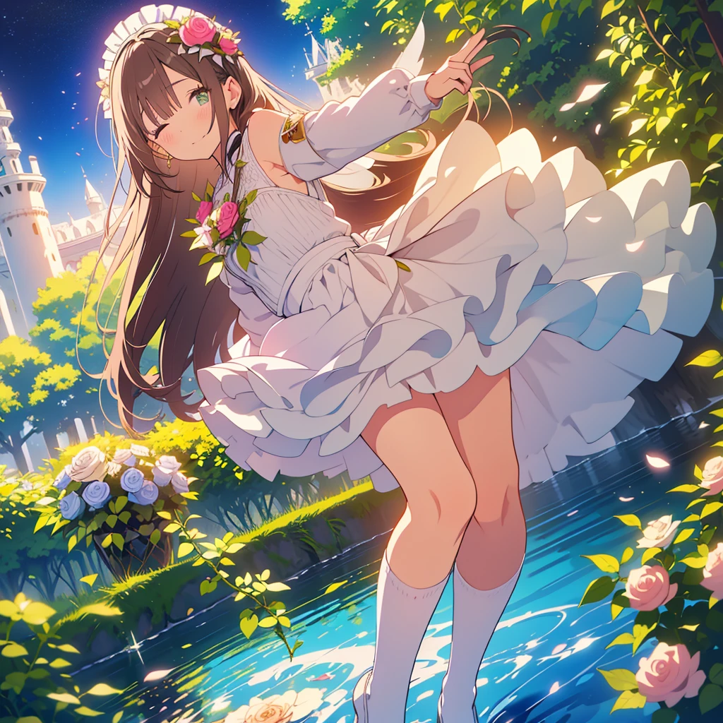 kawaii, anime, Cute, hyper quality, highly detailed, 8k, Front facing, Clarity, dark brown long hair, smile, green eyes, white rose, Set in Alice's Wonderland, planted white roses, white rose petals are dancing, Draw facial expressions in detail, striped overknee socks, Alice's maid costume with big ribbon, Soot motif accessories, playing cards, clock, fairy tale, fantasy, shine of light, close both eyes, close your eyes and smile, The bodies of the two sisters dance, Gradation of evening and night sky, full moon and crescent moon, whole body, Twisted trees of different sizes, twisted ivy, Both sisters have long dark brown hair., white roses bloom, white rose petals, small angel wings on the back, Rose thorns wrap around your body, The sky dyed in twilight, fairy tale accessories, ribbon headband, undulating rose thorns, 