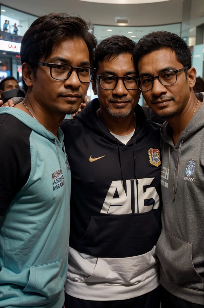 a 40 year old Indonesian man with glasses, brown skin, a little fat, wearing a hoodie, a photo of the two of them with Lionel Messi who is wearing the Argentinian national team jersey at the Santiago Bernabeu stadium