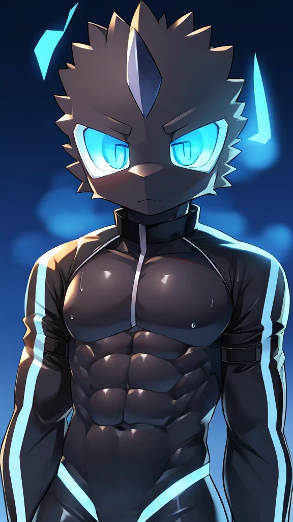 Thin macho　western black dragon　　abs　　　　　Hollow abs　　body suit　　thick arms　　　chest rig　　　、sweaty　　　skin glow　　profile　　Wearily　short of breath　　  　Chemo shota　　
have a 　blue eyes　Tired look jacket