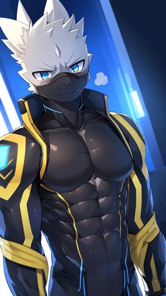 Thin macho western black dragon abs Hollow abs body suit thick arms chest rig 、sweaty skin glow profile Wearily short of breath Chemo shota
have a blue eyes Tired look jacket