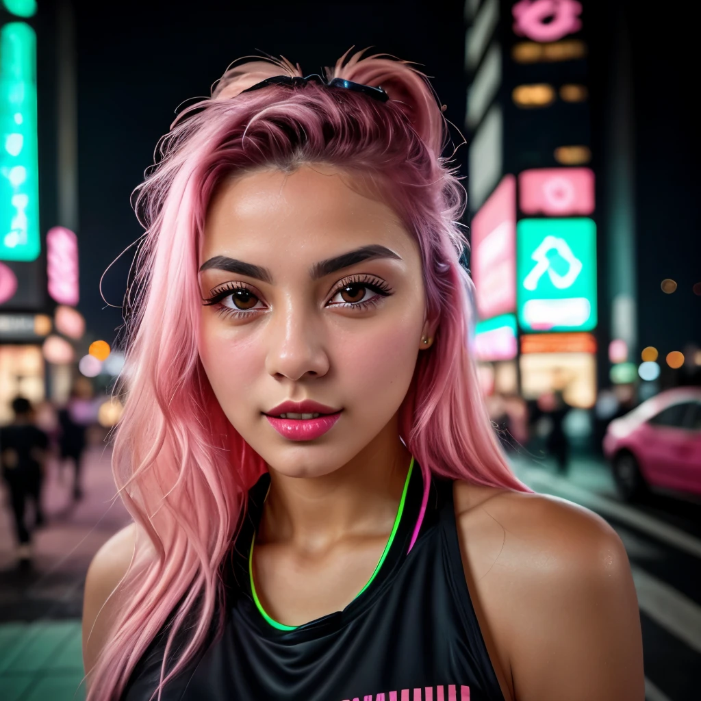 (1girl),pink lipstick,4k, 8k, ultra highres, raw photo in hdr, sharp focus, intricate texture,realistic, detailed facial features, highly detailed face, ((best quality)), ((masterpiece)), ((detailed)), (Striking), Captivating, (Astounding), Architecture,Glass skyscrapper,tall building,night,standing,cyberpunk outfit,cyberpunk, Neon light, Electrifying light, Vibrant glow, Neon illumination, Sharpness throughout, Balanced depth of field,closeup,cute,perfect eyes,Lina1