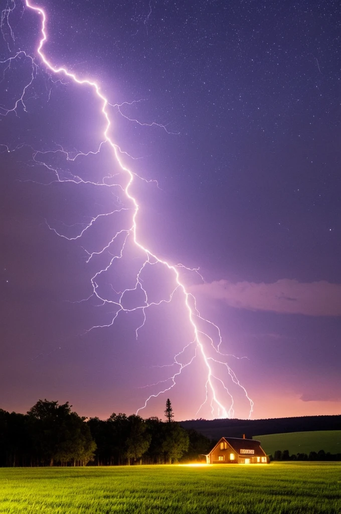 Lightning across a night sky in the country.