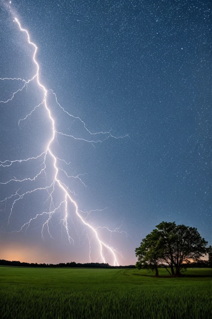 Lightning across a night sky in the country.