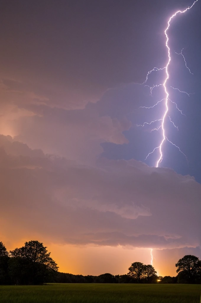 Lightning across a night sky in the country.