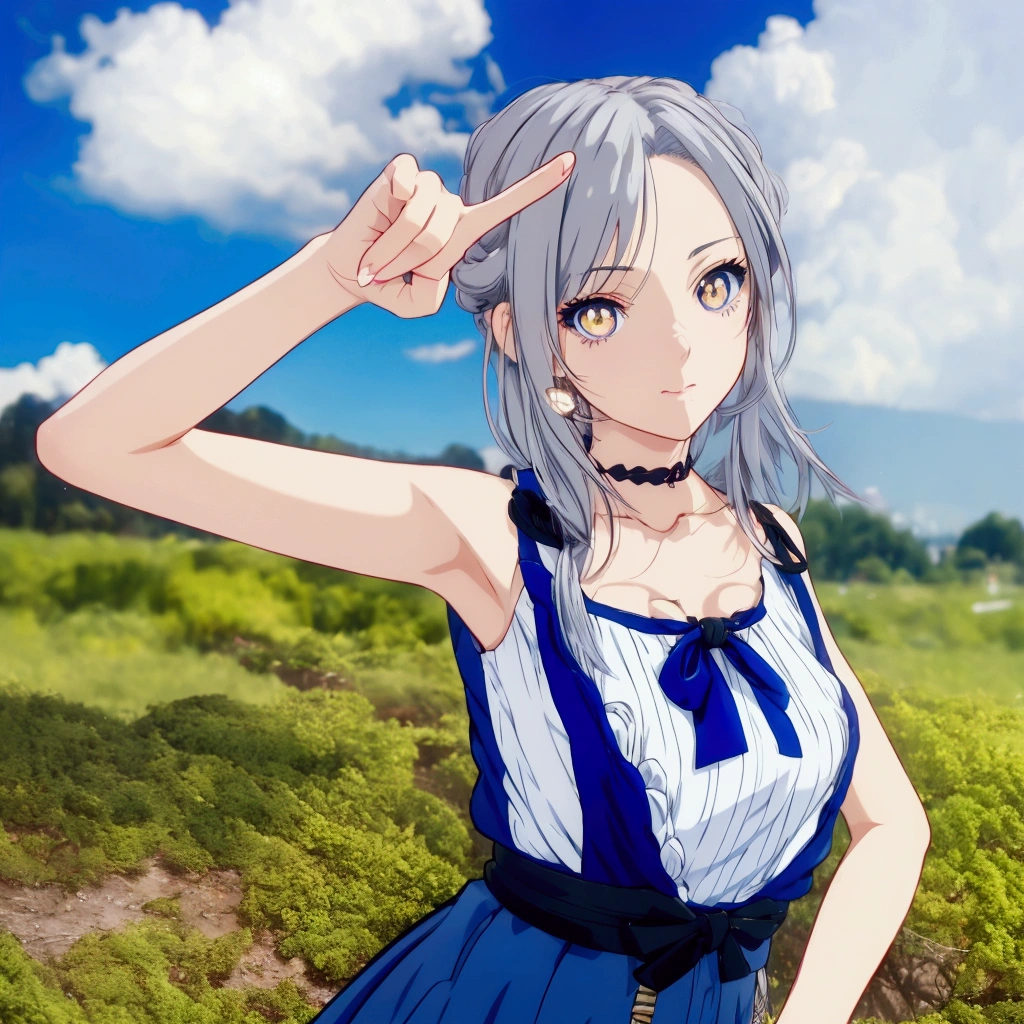 Golden Eyes、Golden Eyes、Anime girl with gray hair and blue clothes pointing at something, Realistic Anime 3D Style, Cute 3D anime girl render, Realistic young anime girl, Anime Style3D, Anime Style, Realistic anime art style, Anime Styleに, , Semi-realistic anime style, Smooth anime CG art, April Rendering, Photorealistic anime girl rendering