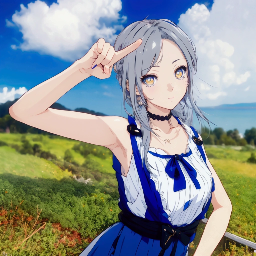 Golden Eyes、Golden Eyes、Anime girl with gray hair and blue clothes pointing at something, Realistic Anime 3D Style, Cute 3D anime girl render, Realistic young anime girl, Anime Style3D, Anime Style, Realistic anime art style, Anime Styleに, , Semi-realistic anime style, Smooth anime CG art, April Rendering, Photorealistic anime girl rendering