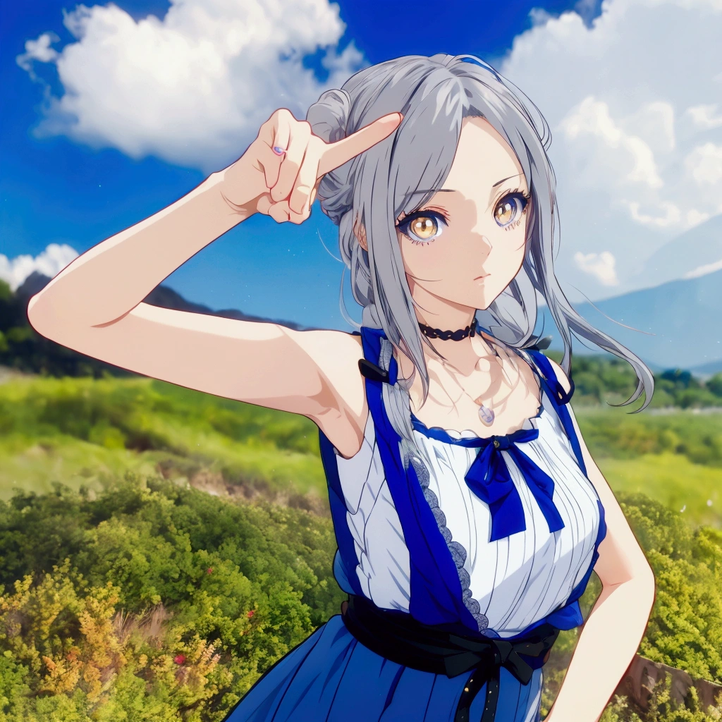 Golden Eyes、Golden Eyes、Anime girl with gray hair and blue clothes pointing at something, Realistic Anime 3D Style, Cute 3D anime girl render, Realistic young anime girl, Anime Style3D, Anime Style, Realistic anime art style, Anime Styleに, , Semi-realistic anime style, Smooth anime CG art, April Rendering, Photorealistic anime girl rendering