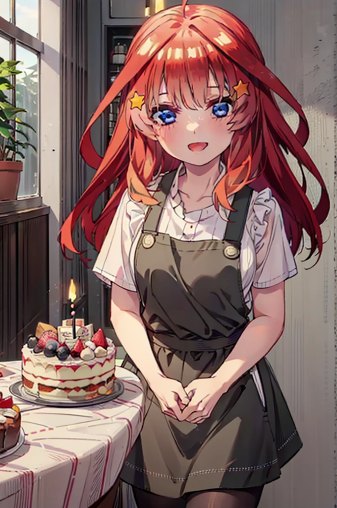 itsukinakano, Itsuki Nakano, bangs, blue eyes, Hair between the eyes, Ahoge, Redhead, star \(symbol\), hair ornaments,happy smile, smile, Open your mouth,cracker, star hair ornaments,Red Tank Top,Long skirt,Black pantyhose,apron,Walking,There is food and a birthday cake on the table,whole bodyがイラストに入るように,
break indoors, room,
break looking at viewer,whole body,
break (masterpiece:1.2), Highest quality, High resolution, unity 8k wallpaper, (figure:0.8), (Beautiful attention to detail:1.6), Highly detailed face, Perfect lighting, Highly detailed CG, (Perfect hands, Perfect Anatomy),