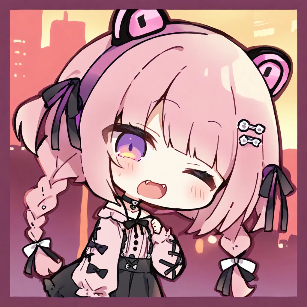 Top quality, masterpiece, chibi character, animal ear girl, peal purple and blunt bangs hair, twin braids, eyes closed, mouth wide open and screaming, blushing, smilng,fangs,(a girl with closs hair pin,
pink shirt,cosplay, jirai kei, bangs, black skirt, black bow, looking at viewer, bow, long sleeves, choker, ribbon,portrait shot :1.4),From the side, she is wearing square headphones over her ears, and the Marshall logo,Walking slowly through Shibuya at sunset, looking down, fullbody shot,