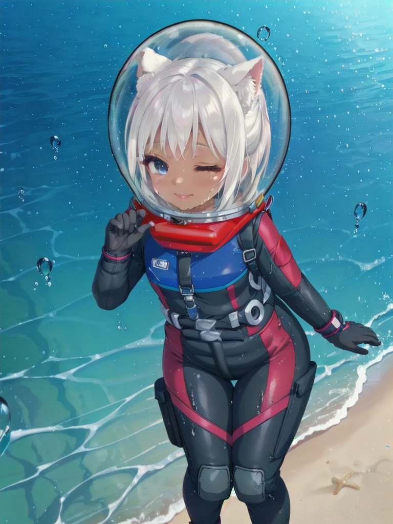 Highly detailed CG, 8k wallpaper, best quality, masterpiece, higher eyes and nose, very delicate and beautiful, beautiful, detailed,, (blue eyes: 1), (beautiful hands), (beautiful fingers) , , necklace (water:1.6), (beach:1.5), (messy hair:1.5), (leaning forward:1), looking at the viewer, (smile:1.3), (one eye closed:1.2) , (sweating), (beautiful toes), (6 years old:1.5), (1girl), (ash white hair:1.5),(middle hair:1 ), (dark skin: 1.4), (thigh circumference: 1.3) , beautiful, narrow waist, white thigh highs, narrow waist, thighs, wide hips, eyeliner, eyelashes, perfect face, detailed eyes, (dark skin : 1.5),,,(spacesuit: 1.15) , white cargo pants, astronaut )bubble helmet, space helmet, space helmet, CAT EARS, bubble helmet, eva helmet, 2 girl