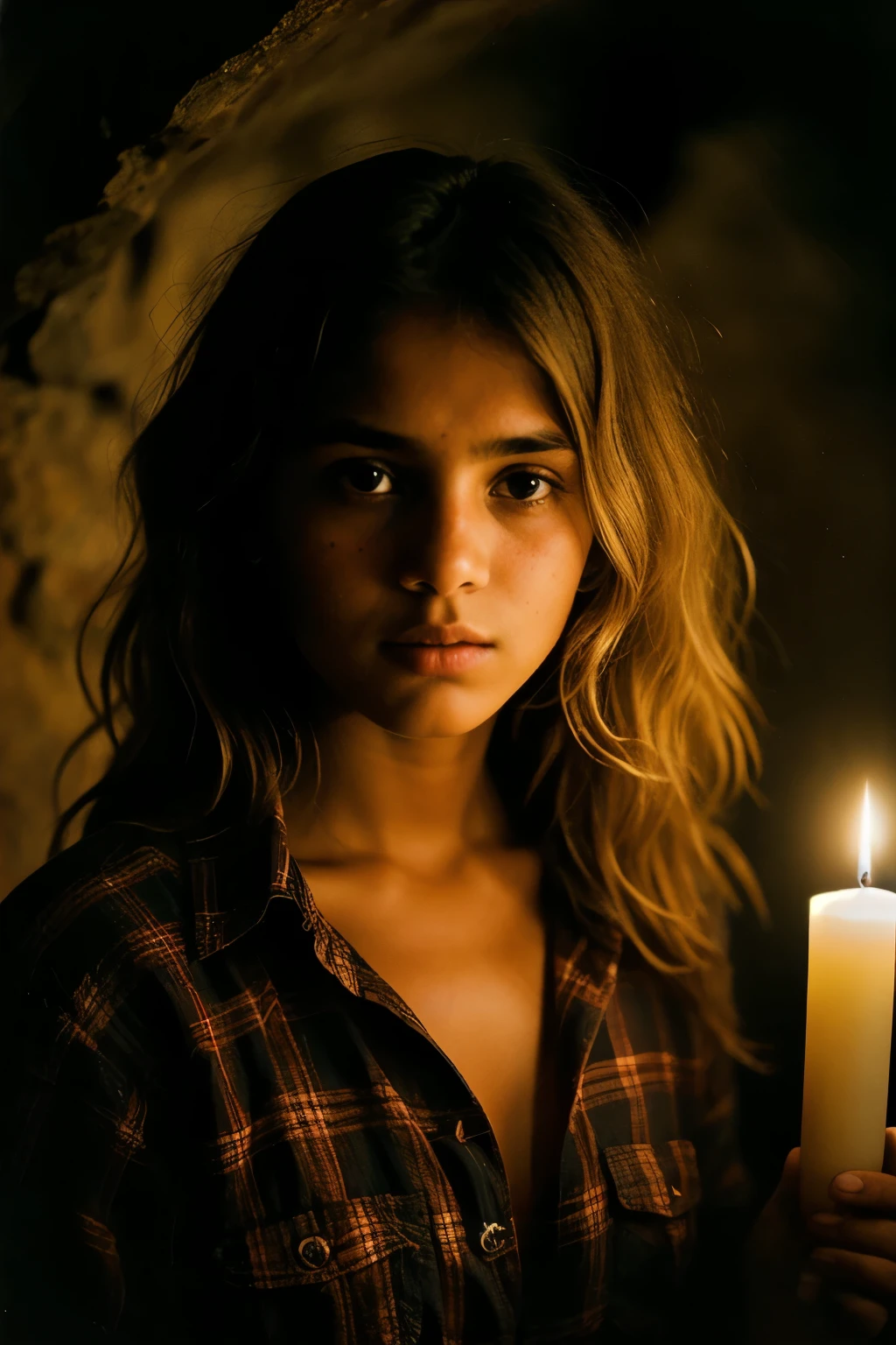photograph of a woman, (troubled facial expression), textured skin, goosebumps, blonde afro hair, plaid flannel shirt with distressed boyfriend jeans, cowboy shot, dark and mysterious cave with unique rock formations and hidden wonders, perfect eyes, (candlelight,chiaroscuro), Porta 160 color, shot on ARRI ALEXA 65, bokeh, sharp focus on subject, shot by Don McCullin Indian girl age 13-20
