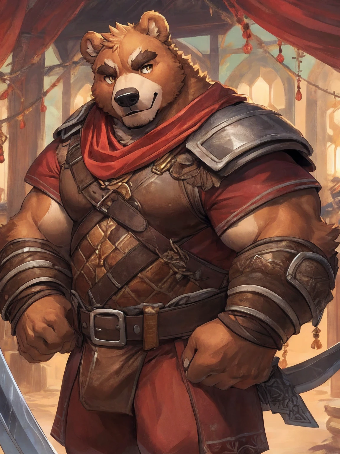 1. **type**:Bear 2. **gender**:Male 3. **appearance**:Brown fur,Golden Eyes,thick physique 4. **Clothing and Decoration**:((Wearing mercenary clothing)),Carrying a huge sword on his back, #### Scenography 1. **background**:日本style的山間寺廟,寺廟周圍有Cherry tree和Stone lanterns 2. **detail**:Sakura petals falling in the air,Mountain peaks are faintly visible in the distance #### Text content 1. **theme**:Glory and Protection 2. **intonation**:Solemn and inspiring 3. **Sentence Structure**:`"Guard the Faith,"Defend the Glory"` #### 圖像style 1. **style**:Epic and traditional combined, 2. **tone**:Soft pinks combined with stately browns and golds,Highlighting the majesty of the samurai and the beauty of the cherry blossoms #### 其他detail 1. **Posture and expression**: - Bear站在寺廟前,Hold a greatsword,firm eyes,Show protection and determination 2. **background元素**: - 日本style的寺廟,Cherry tree,Stone lanterns,Falling cherry blossom petals,distant mountain peaks ### final design 1. **role conception** - **Bear**:Brown fur,Golden Eyes,thick physique。穿著Wearing mercenary clothing,Carrying a huge sword on his back,。 2. **Scenography** - **background**:日本style的山間寺廟,寺廟周圍有Cherry tree和Stone lanterns。Sakura petals falling in the air,Mountain peaks are faintly visible in the distance。 3. **Text content** - below or above the diagram,Written in a solemn and inspiring font:`"Guard the Faith,"Defend the Glory"` ### Image design recommends that you use design software(Like Photoshop、Procreate等)To realize this picture。The following are specific step-by-step recommendations: 1. **background創建**:畫出日本style的山間寺廟background,包括Cherry tree、Stone lanterns、Falling cherry blossom petals和distant mountain peaks。 2. **character drawing**:根據描述繪製男性Bear角色,特別注意武士鎧甲和巨劍的detail。 3. **Posture and expression**:Bear站在寺廟前,Hold a greatsword,firm eyes,Show protection and determination。 4. **Add text**:Choose the right location,使用莊嚴和鼓舞的字體將Text content`"Guard the Faith,"Defend the Glory"`Add to diagram。