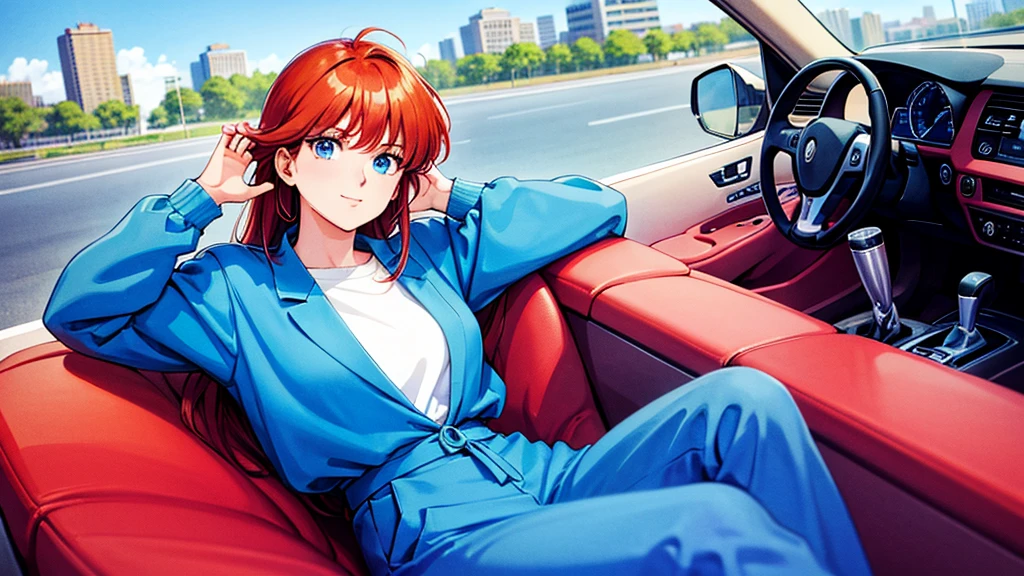 Create an anime-style image of an 80s city pop-style woman driving a car。The woman sits in the driver's seat、I'm holding the steering wheel and looking ahead。She is dressed in 80s fashion、She wears big sunglasses and retro clothing.。Interior details include analog meters on the dashboard and a cassette tape deck.、Include items that evoke the 80s。The outside scenery is the night view of the city.、The neon lights are shining brightly。Vivid colors and warm lighting throughout、Recreate the atmosphere of 80's city pop。