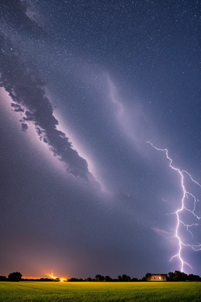 Lightning across a night sky in the country.