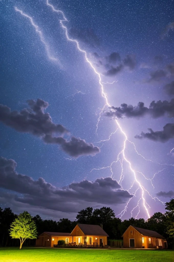 Lightning across a night sky in the country.