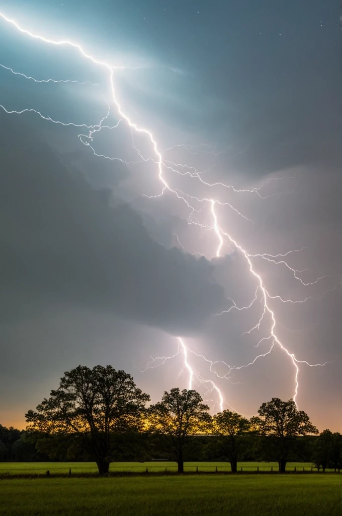 Lightning across a night sky in the country.