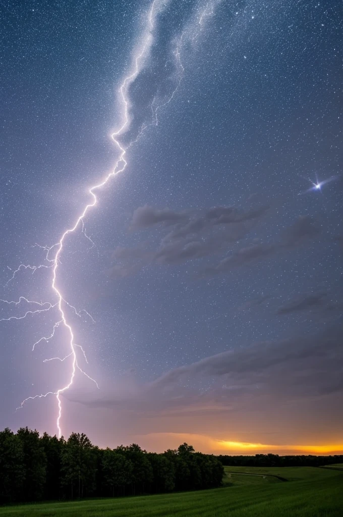 Lightning across a night sky in the country.