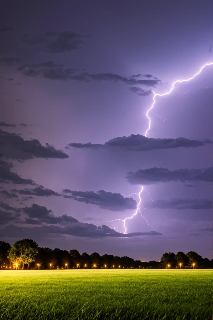 Lightning across a night sky in the country.