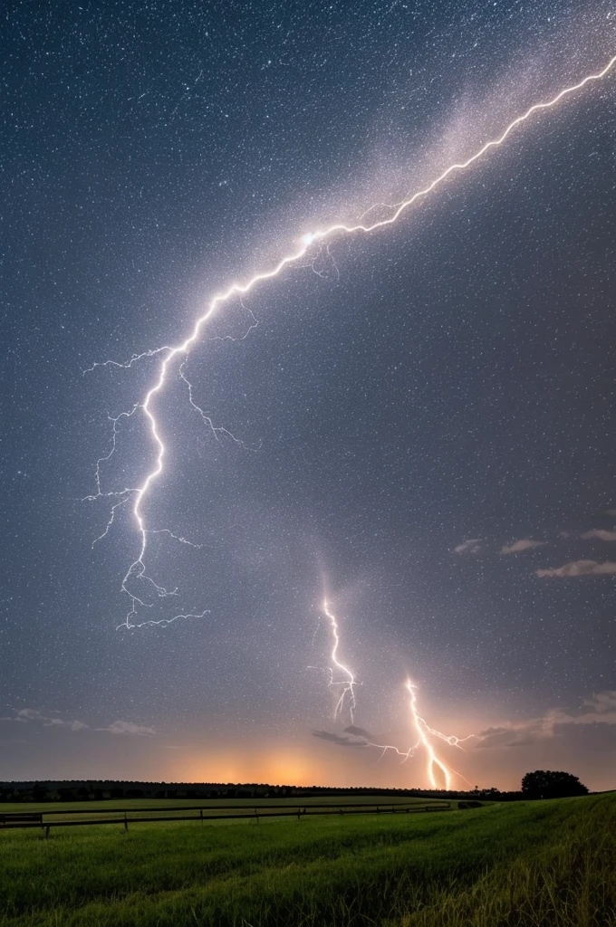 Lightning across a night sky in the country.