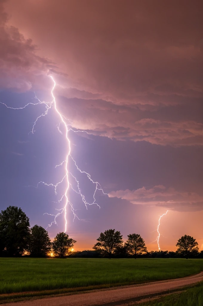 Lightning across a night sky in the country.