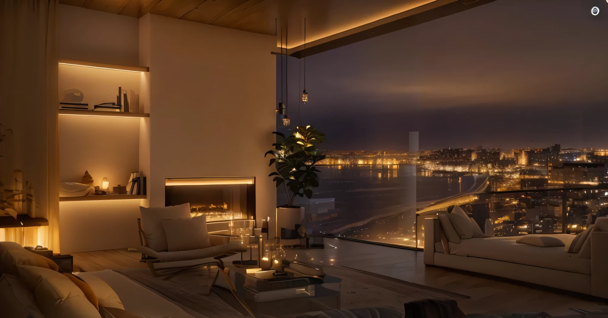 Panoramic view of bedroom,With large windows,Overlooking the city, Luxury apartment interior, Night Rendering, Warm ambient lighting, Luxurious environment, Warm light indoors, Ambient lighting at night, Cozy living room, Stunning rendering, 8k hdr octane render, 8K Sensual Lighting, relaxing environment, In the seaside environment, vray 8k rendering, Warm indoor fireplace