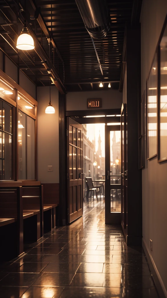 rain,Inside the cafe,A broader perspective,Chic cityscape,busy,mysterious,warm color,明るい