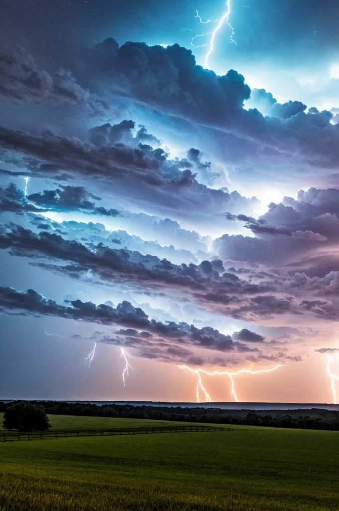 Lightning across a night sky in the country.