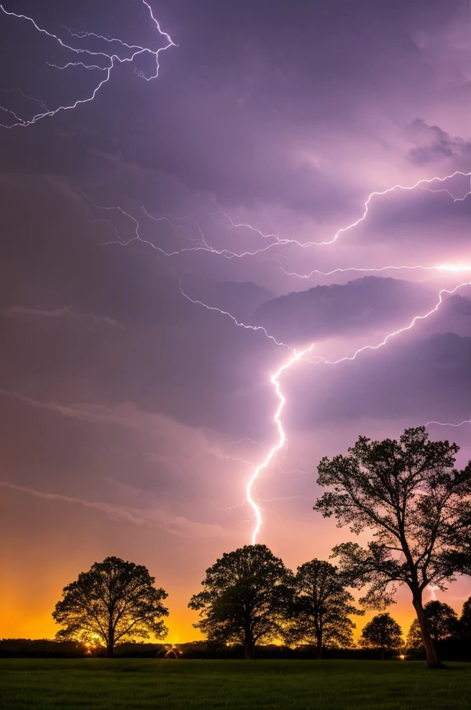 Lightning across a night sky in the country.