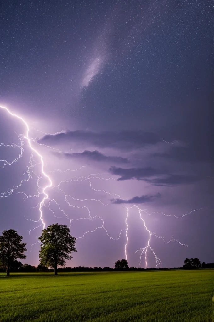 Lightning across a night sky in the country.
