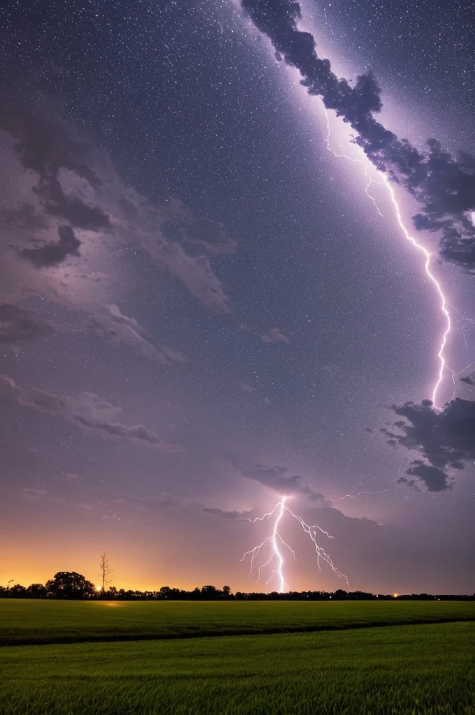 Lightning across a night sky in the country.