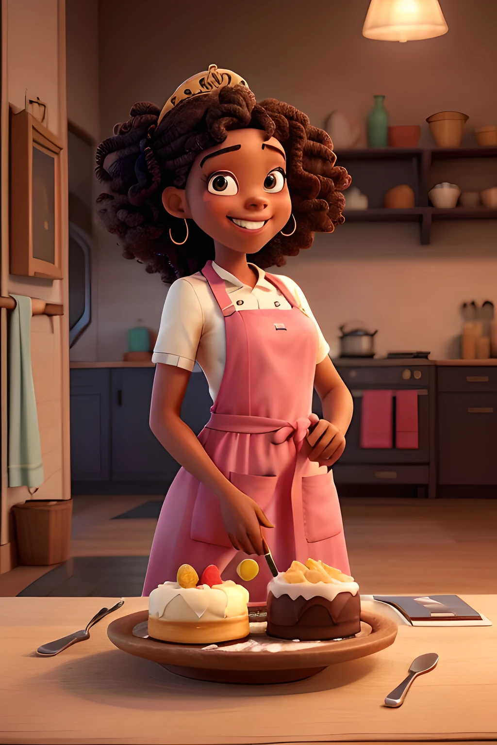 ((best qualityer)), ((work of art)), (detailded). black baker with curly and voluminous hair, inspired by the princess Tiana style with a pink apron. She should be in a vibrant and welcoming kitchen, surrounded by cakes, colorful sweets and ingredients. The focus should be on your confident smile and elegant apron, while she prepares a delicious dessert. The atmosphere must convey joy and creativity.


