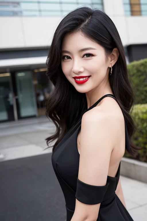 Sexy women in their 40s、Wearing a sexy black dress、Attractive red lips、Confident in front of the camera々Smile