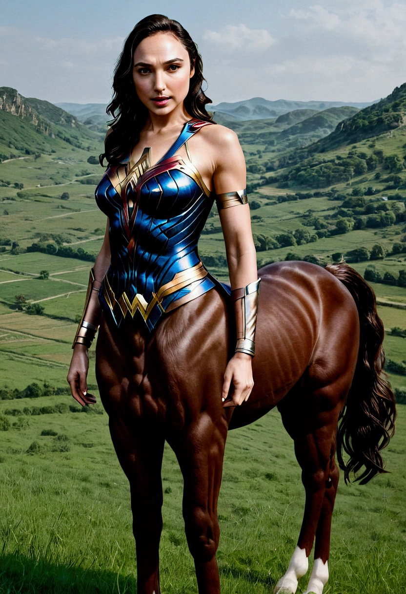 Gal Gadot centaur, beautiful work of art, best quality, 8K quality HD, countryside, hyper-realistic.